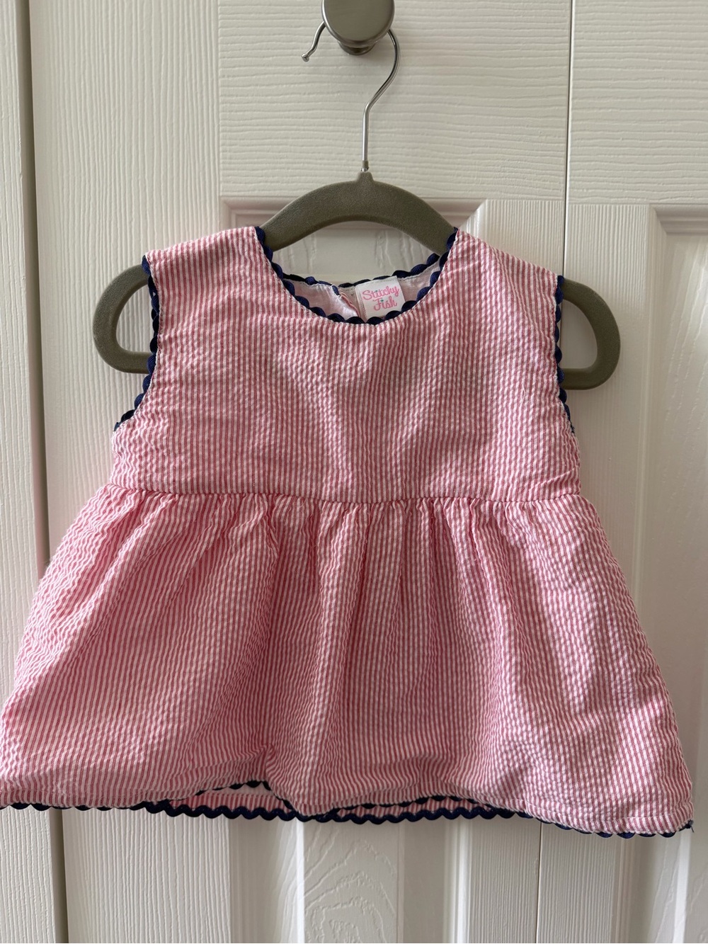 Stitchy Fish Red Seersucker baby girl set with Navy Trim